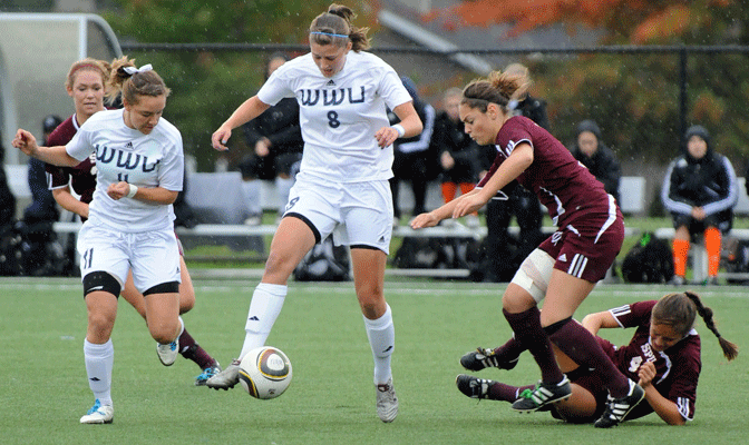 WWU's Kristin Maris (8) was named GNAC Player of the year after scoring 10 goals this season. Teammate Brina Sych (11) earned second-team honors.